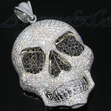 14K White Solid Gold Mens Diamond Skull Pendant with Black Diamonds 18.00 Ctw